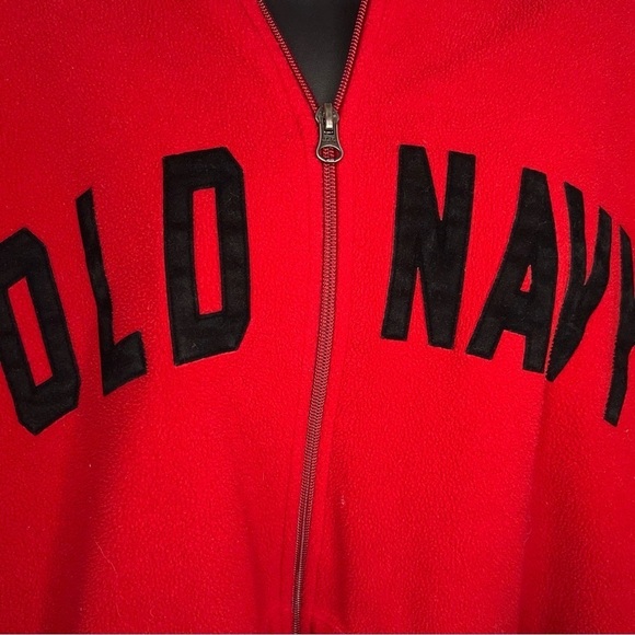 LARGE Y2K ERA OLD NAVY WOMENS RED FLEECE JACKET PULLOVER BLACK LOGO - Picture 6 of 10
